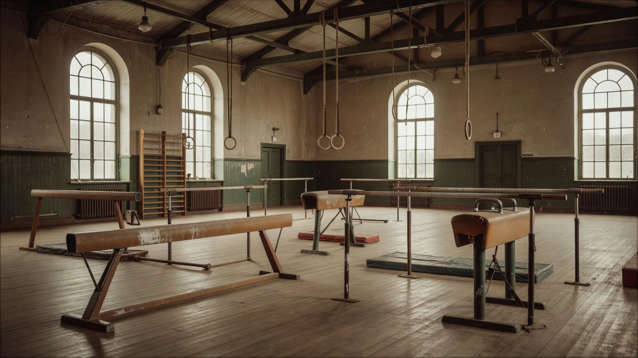 Vintage aesthetic of an empty gymnastics hall with apparatus